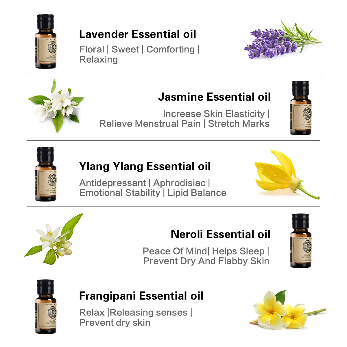 AKARZ Flower Serie 10 Sets Lavender Jasmine Rose Ylang Neroli Frangipani Lotus Peony Osmanthus Violet Essential Oil for Diffuser
