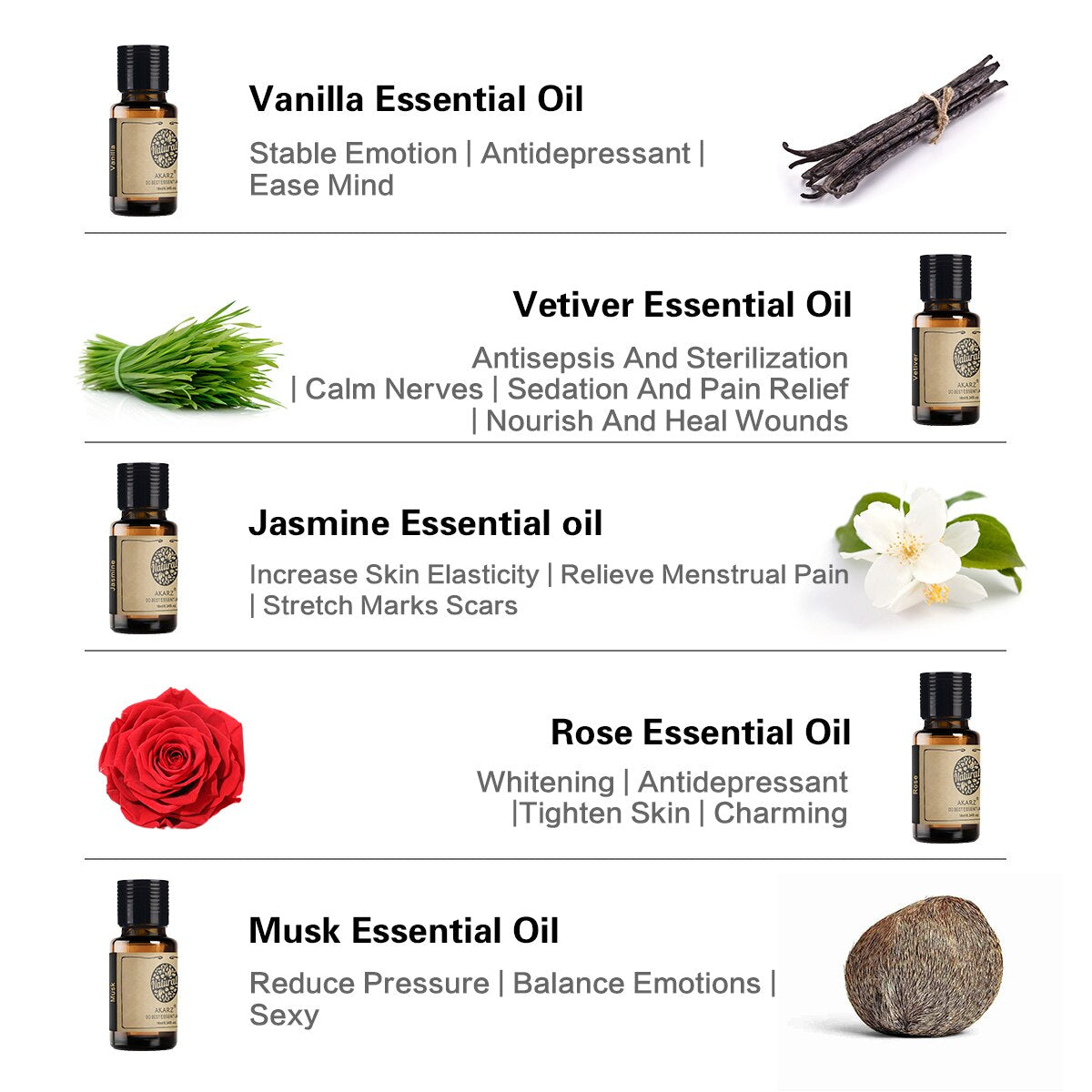 AKARZ Hots Serie 5 Vanilla,Vetiver,Jasmine,Rose ,Musk Essential Oil 10ml*5