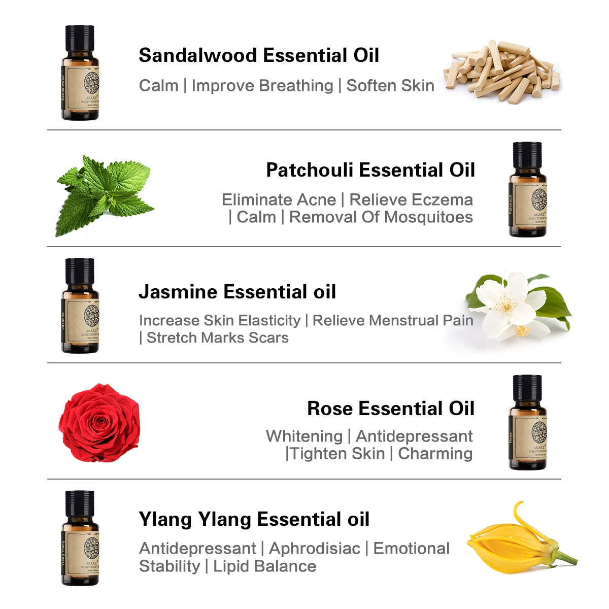 AKARZ Hots 5 Sets Tea Tree,Sandalwood,Patchouli,Jasmine,Rose ,Ylang Ylang Essential Oil 10ml*5