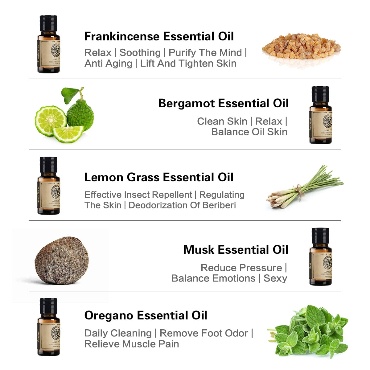 AKARZ Hots 10 Sets Tea Tree,Sandalwood,Peppermint,Frankincense,Musk,LemonGrass,Rosemary,Oregano,Bergamot,Vetiver Essential Oil 10ml*10