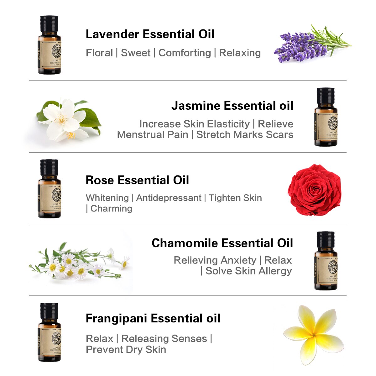 AKARZ Flower Serie 5 Sets Lavender,Jasmine,Rose,Chamomile,Frangipani Essential Oil 10ml*5