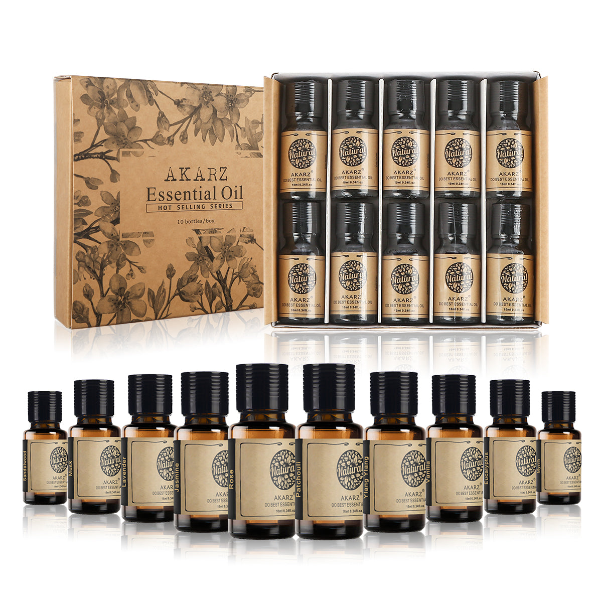 AKARZ Hots 10 Sets Tea Tree,Sandalwood,Peppermint,Frankincense,Musk,LemonGrass,Rosemary,Oregano,Bergamot,Vetiver Essential Oil 10ml*10