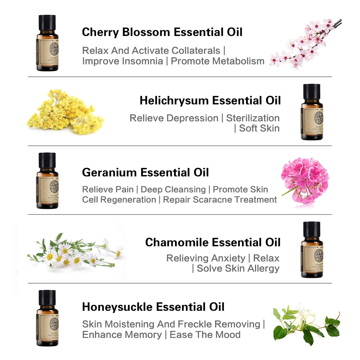 AKARZ Flower Serie 10 Jasmine,Rose,Geranium,Lily,Rosemary,Lotus,Chamomile,Honeysuckle,Helichrysum,Cherry Blossom Essential Oil 10ml*10